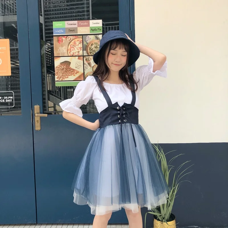 

Sweet Women's 2Pcs Set: Slash Neck Puff Sleeve White Dress+Blue Overalls Net Yarn Skirt Summer Women Fashion Patchwork