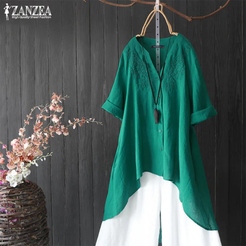 Women Embroidery Shirts ZANZEA Female Casual Solid Asymmetrical Tunic TopsAsymmetrical Cotton Blusas Chemiser Mujer Plus Size - 4.00003E+12