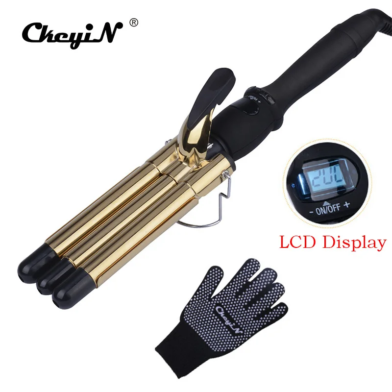 

CkeyiN LCD Professional Hair Curling Iron Tourmaline Ceramic Triple Barrels Curler Big Wave Negative Ions Waver Styling Tools