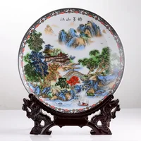 Jingdezhen Art Ceramic Ornamental Beautiful Landscape Plate Decoration Plate Wood Base House Porcelain Plate Set Wedding Gift 1