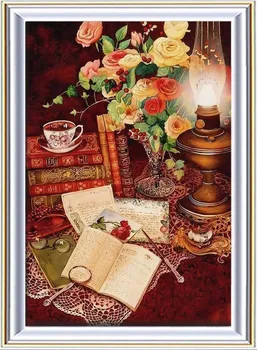 

5D DIY Diamond Painting Rose Books Desk Kerosene Lamp Artwork Full Square/round Drill Embroidery Handicraft Home Decor