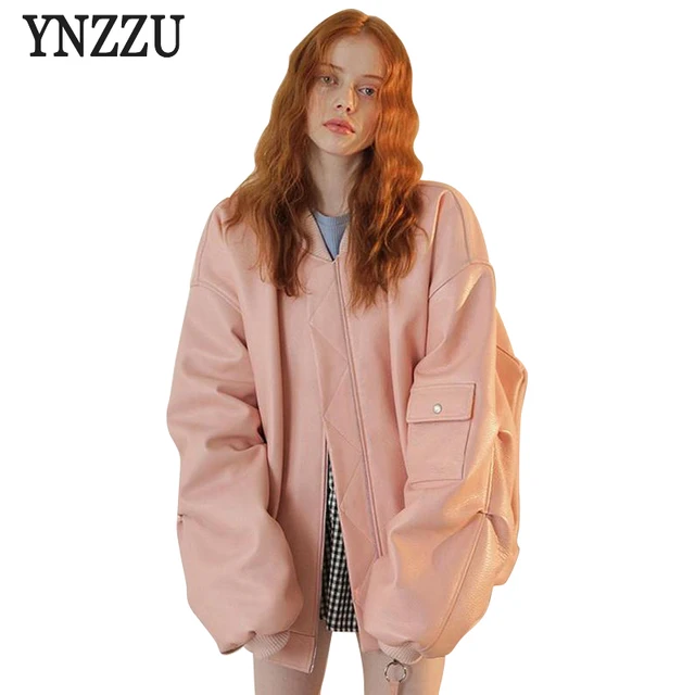 YNZZU 2017 Autumn Women Pink Loose Leather Bomber Jacket