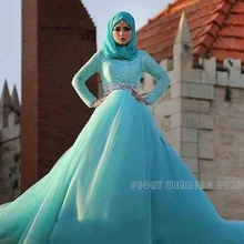 Modest Long Sleeve Muslim Wedding Dresses With Hijab Rhinestones Sash Blue Ball Gowns Wedding Dress Tulle Lace Bridal Gowns WM18