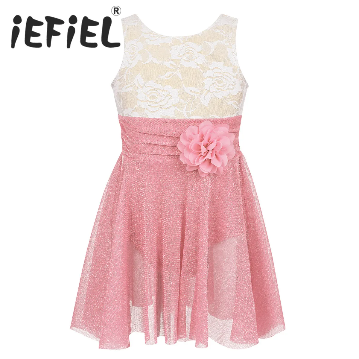 

Children Kid Girls Sleeveless Floral Lace V-shaped Back Figure Ice Skating Roller Skating Ballet Dance Leotard Performance Dress