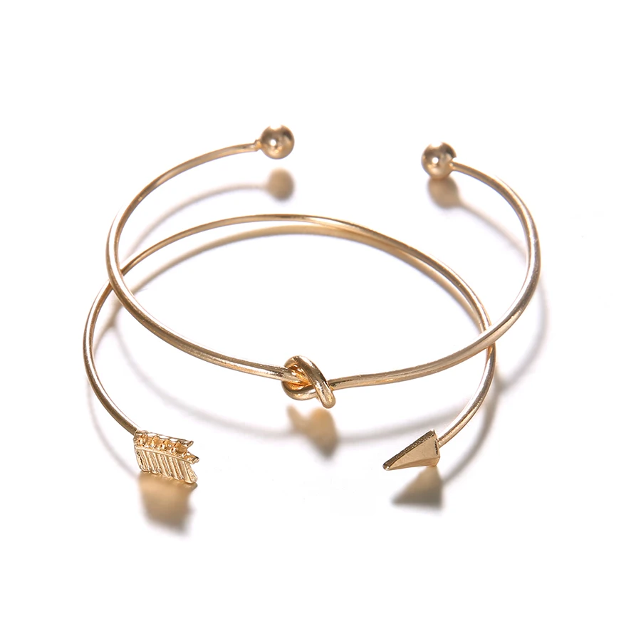 

2 PCS/SET Vintage Cuff Bangle Gold Color Bowknot Arrow Feather Open Bracelet Women Party Wedding Bohemian Bijoux Jewelry 2018
