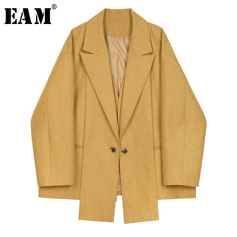

[EAM] 2019 New Spring Summer Lapel Long Sleeve Yellow Irregular Hem Brief Loose Big Size Jacket Women Coat Fashion Tide JX444