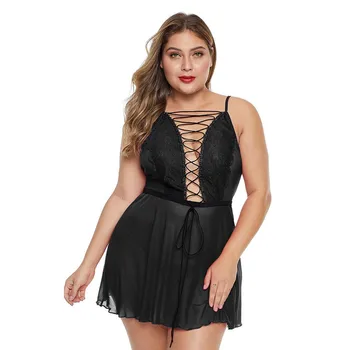 

Sexy Lingerie Women's Lace Satin Nightdress Faux Silk Sling Dress Nightwear Lace-up Babydoll Sleepwear Black Red Plus Size 5XL