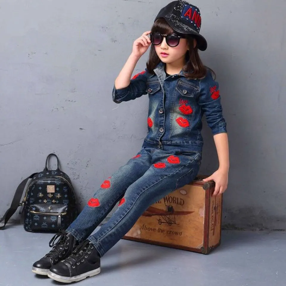 

Autumn Denim Clothing For Girls Embroidery Jacket+Jeans Fashion Children's Costume Spring Teenage Clothes For Girls 6 8 12 Years