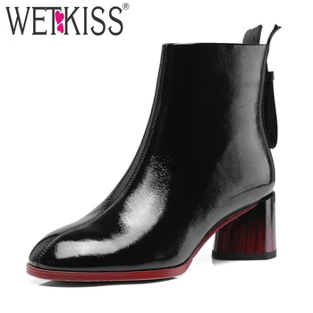 

WETKISS Patent Pu Women Ankle Boots Square Toe Zip Footwear Female Boot Round High Heels Shoes Woman Winter 2018 New Black