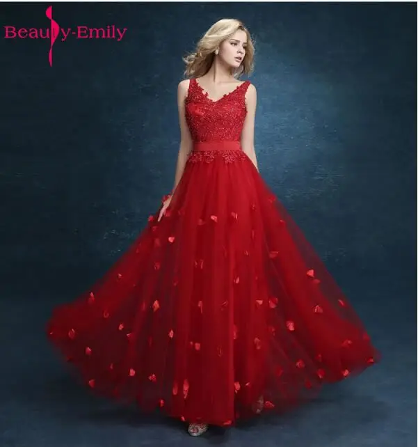 

Beauty-Emily Red Flower Bride Dress Lace Up Vintage A-Line Floor Length Evening Dresses 2018 Party Formal Party Prom Dresses