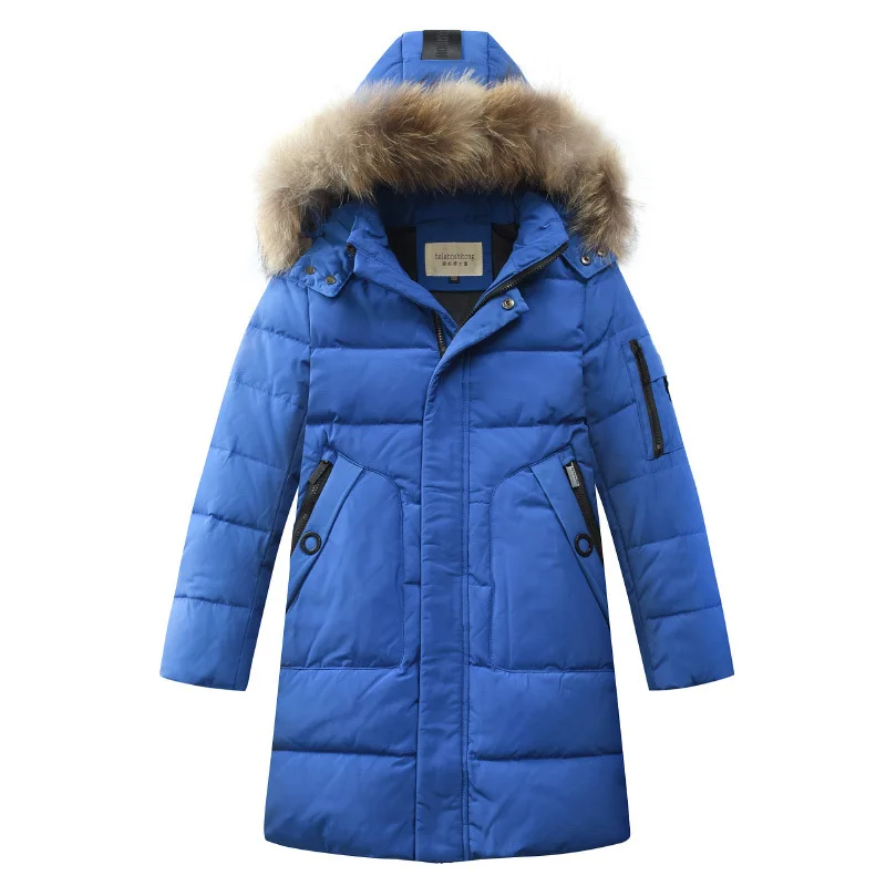Детские пуховики и парки От 8 до 16 лет Зимняя Детская Верхняя одежда Повседневная теплая куртка с капюшоном для мальчиков, длинное пальто с капюшоном детская одежда хлопковая куртка - Цвет: Синий