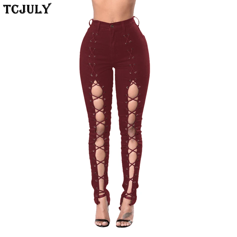 

TCJULY Sexy Hollow Out Women's Stretch Jeans Criss Cross Ties Decorate Skinny Push Up Pencil Pants Streetwear Casual Denim Jeans