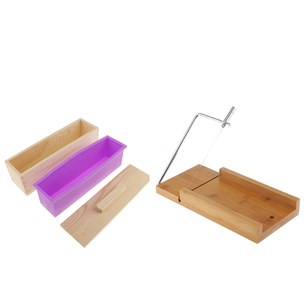 1 Pieces Wood Soap Cutting Tool Wire Slicer & 1 Pieces Purple Silicone Mold Rectangle Shaped with a Wooden Box (Including Lid)