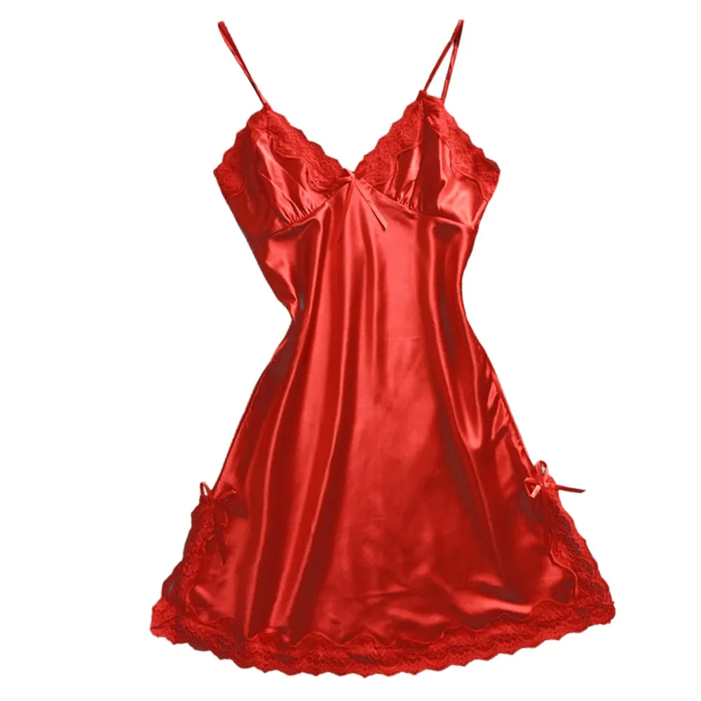 Женские атласные сексуальные ночные рубашки с бантом кружевное белье Babydoll с v-образным вырезом ночное белье Ночная сорочка - Color: Red