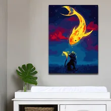 DIY живопись по номерам Черный кот и Золотая Рыба картины количество с цветами на холсте для детей