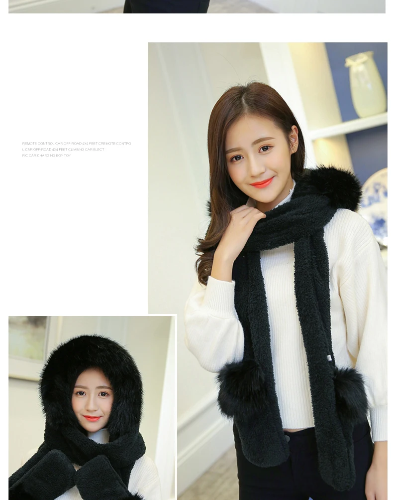 New Korean Version Of The Bib Hat Thick Warm Scarf Hat Gloves Three Pieces One Large Fur Collar Three-Piece Set For Women SN53 (17)