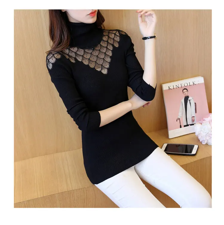 2019 Women Sweater Pullovers Soft Lace Knitted Sweater Ladies Jumper Diamond Pattern Long Sleeve Turtleneck Pullovers Femme Hiver (8)