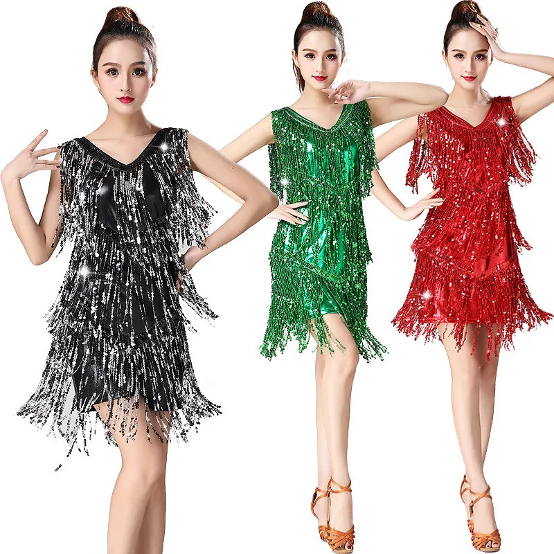 

Black Green Red Blue Gold Sequin Tassel Latin Dress Ballroom Dance Costumes for Women Girls Stage Competition Dancewear Clothing