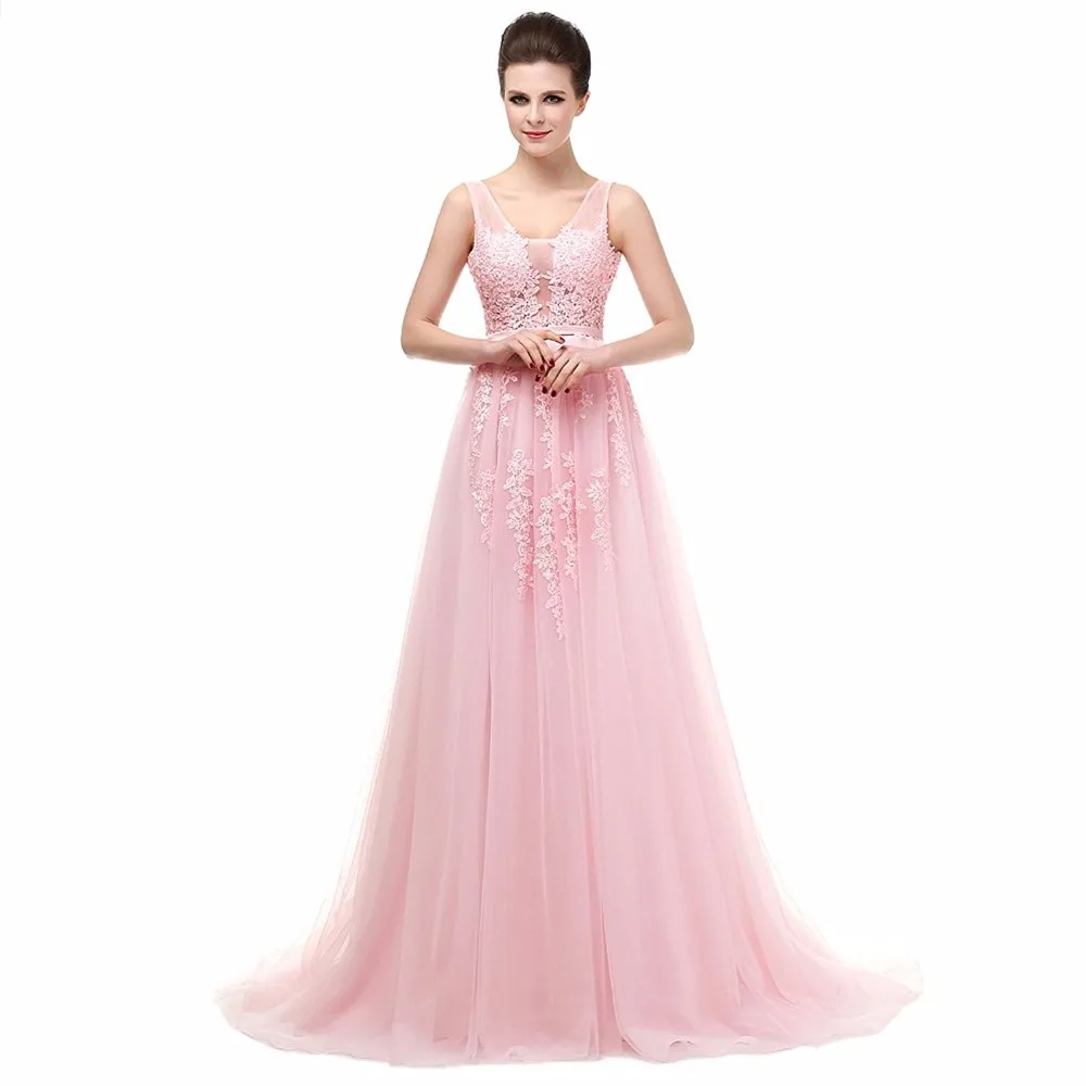 Vestidos de festa вечернее платье Robe De Soiree v-образный вырез с кружевной аппликацией Длинные вечерние платья из тюля розовый темно-синий