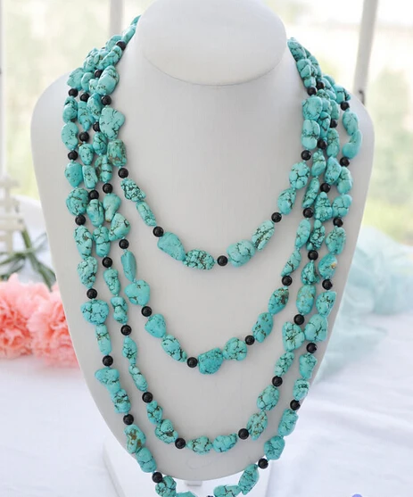 

Jewelr 004217 long 100" 15mm original blue turquoise black agate bead necklace