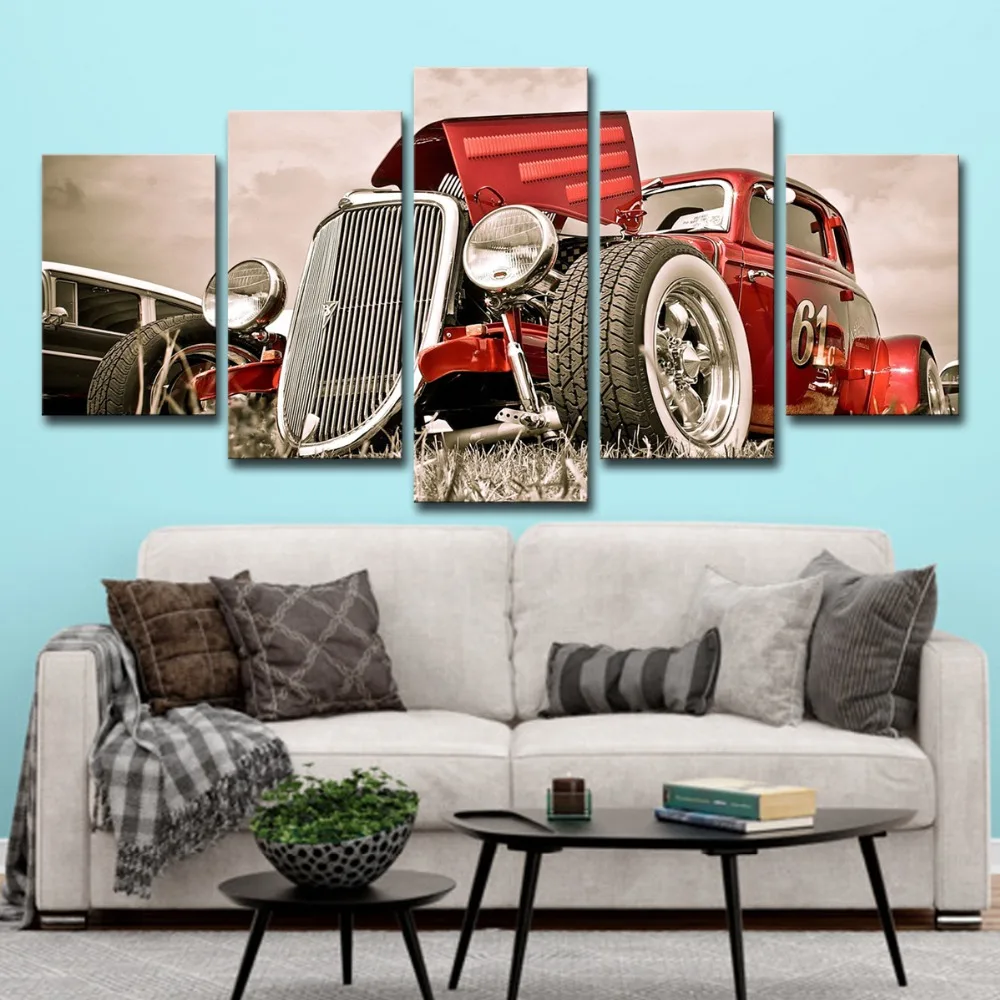 5P0005 Canvas Wall Art Pictures Home Decor 5 Pieces Hot Rod Red Front View Wheels Paintings Living Room HD Prints Car Poster Framework  (3)