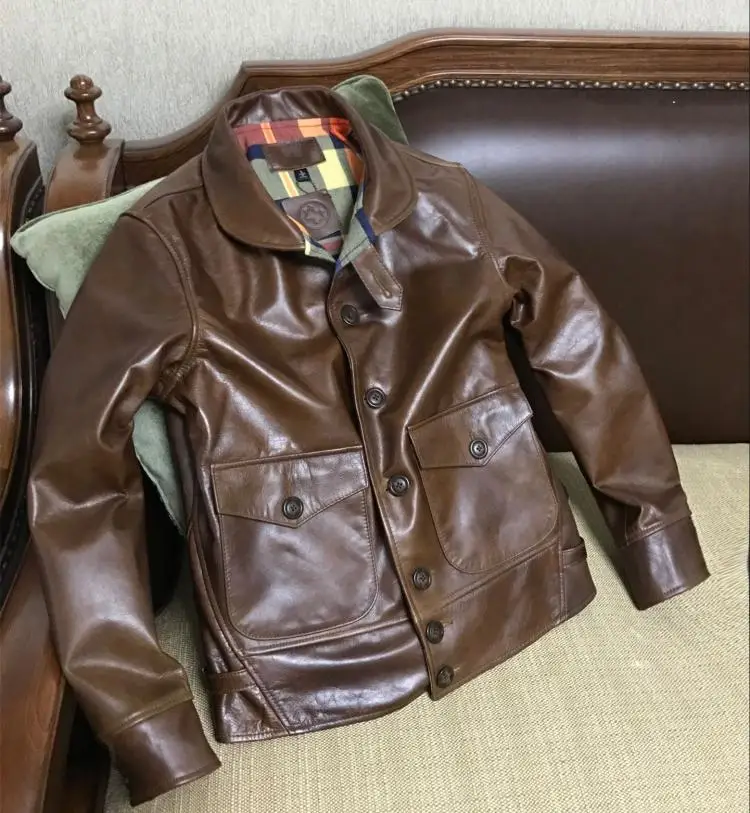 Брендовые новые теплые мужские коричневые винтажные куртки из воловьей кожи, Качественная мужская куртка из натуральной кожи. Стильное классическое приталенное пальто