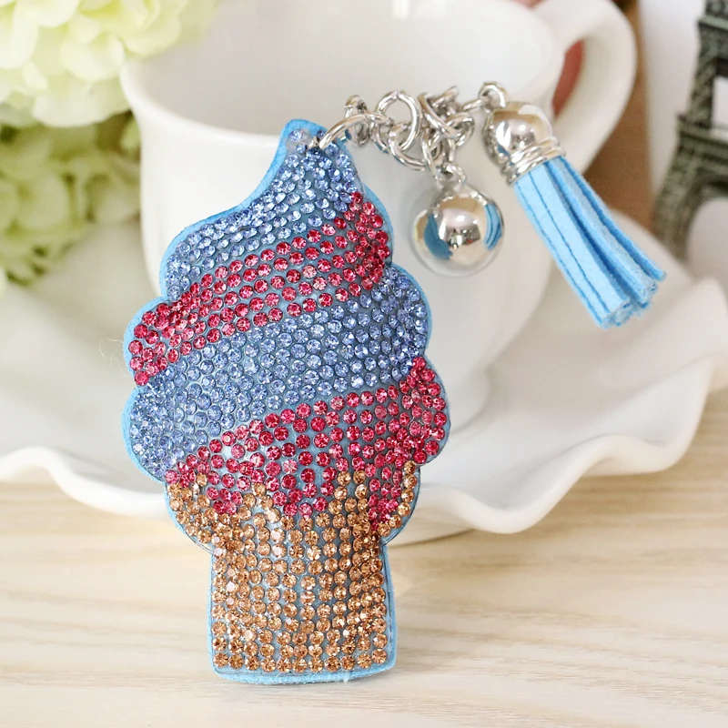 

Handmade Color Clouds Ice cream Shape Keychains Alloy Leather Tassel Car Keyring With Rhinestone for Women Bag Pendant Gift