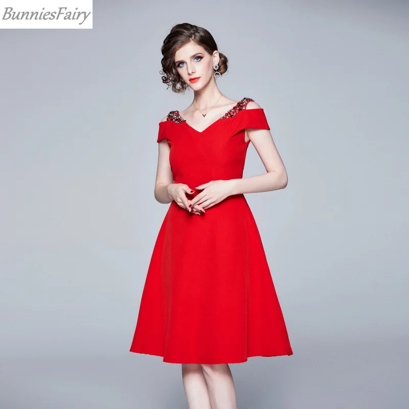 

BunniesFairy 2019 Summer Autumn New High-end Boutique Elegant Retro A-Line Beading Red Dress V-neck Off The Shoulder Party Wear