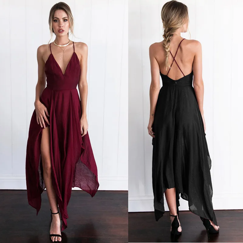 

SexeMara Asymmetrical Thigh Slit Backless Womens Dress v Neck Spaghetti Strap Sexy Night Club Maxi Dresses Vestidos Verano