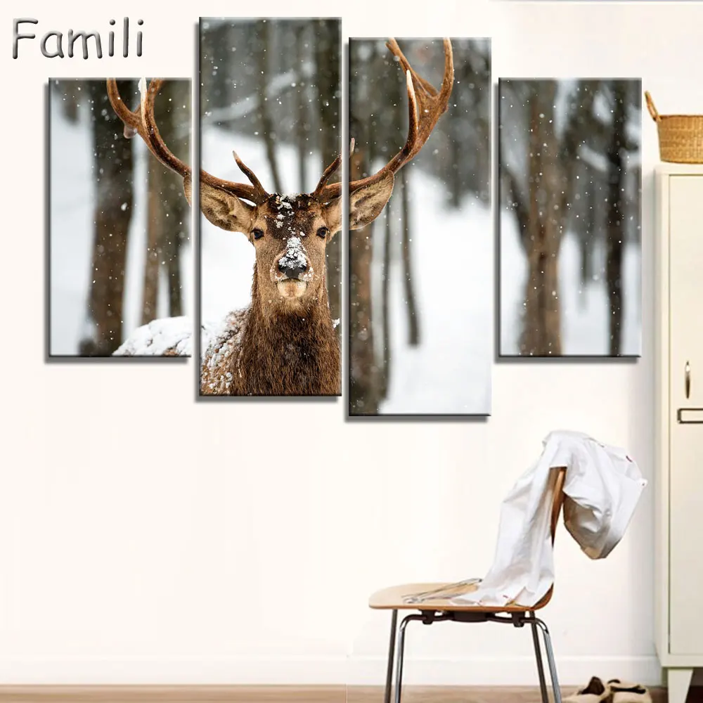 4pcs/set Large Poster Hd Printed Oil Painting Grassland Deer Canvas