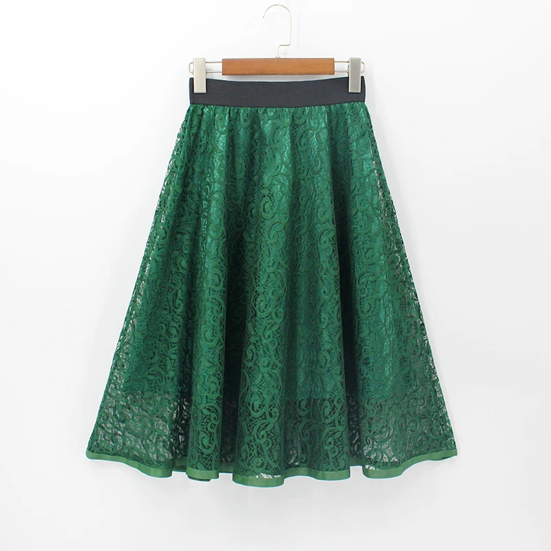 

2018 Hollow Out Lace Floral Embroidered Skirts Tutu Women Green Skirt Vintage High Waist Midi Ball Gown