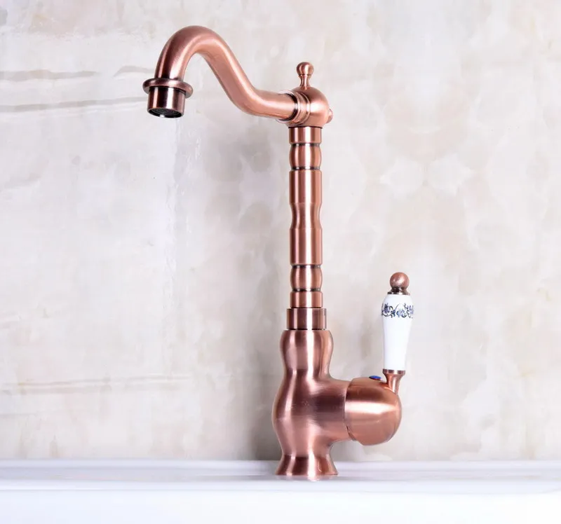 Antique Red Copper Brass Single Ceramic Handle Bathroom Kitchen Basin Sink Faucet Mixer Tap Swivel Spout Deck Mounted mnf136
