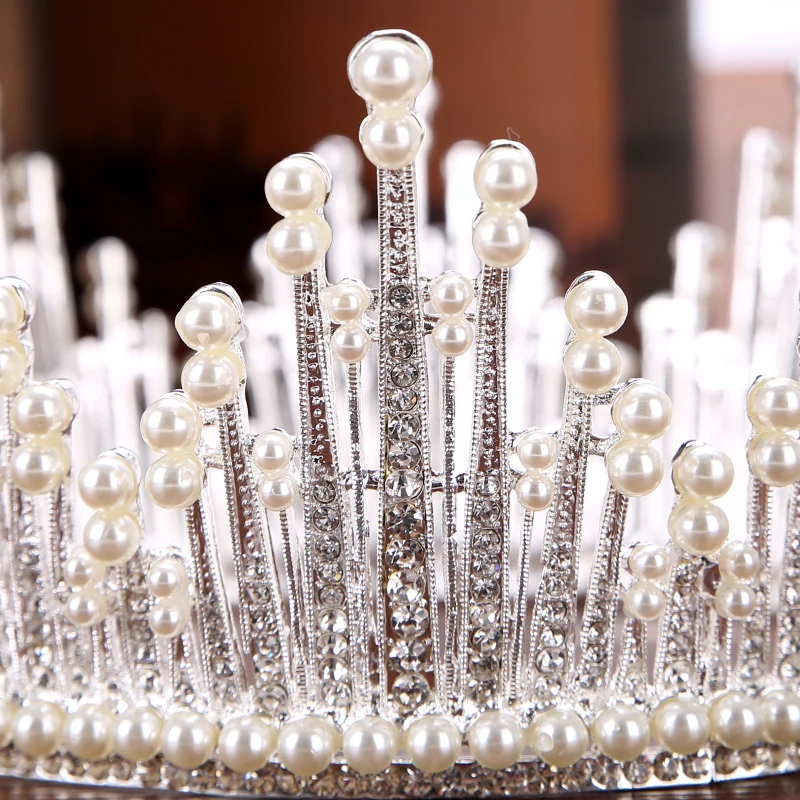 Трендовая Серебряная жемчужная тиара, круглая Свадебная большая корона для невесты, аксессуары для волос, инкрустированная кристаллами Королевская корона, свадебные украшения для волос