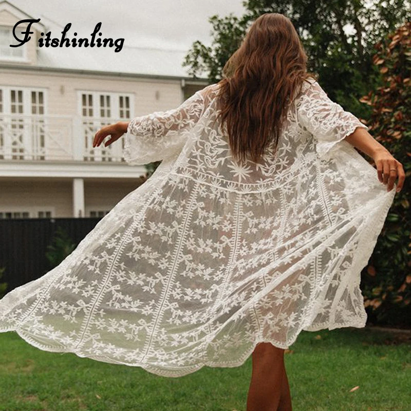 

Fitshinling Summer lace beach kimono bikini cover-up swimwear long cardigan transparent sexy hot swimsuits outerwear cover ups