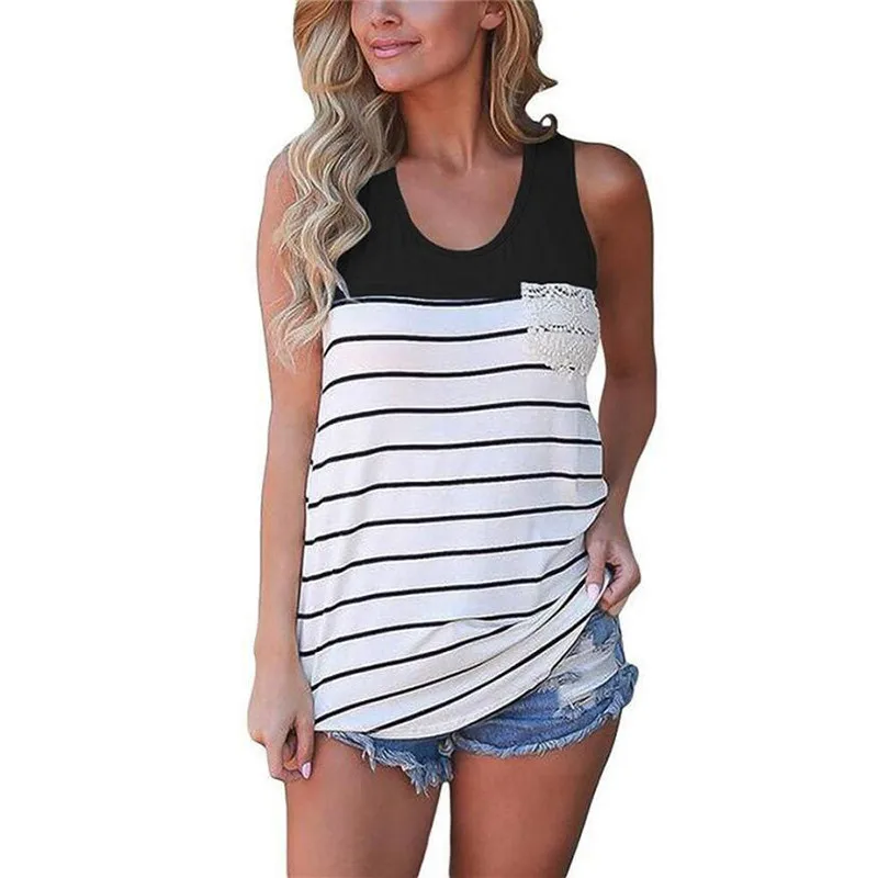 

Summer Tops for Women new Casual Cotton Sleeveless T-shirt Loose Stripe Basic T-Shit Patchwork Pocket Lace Top Femme Camisetas
