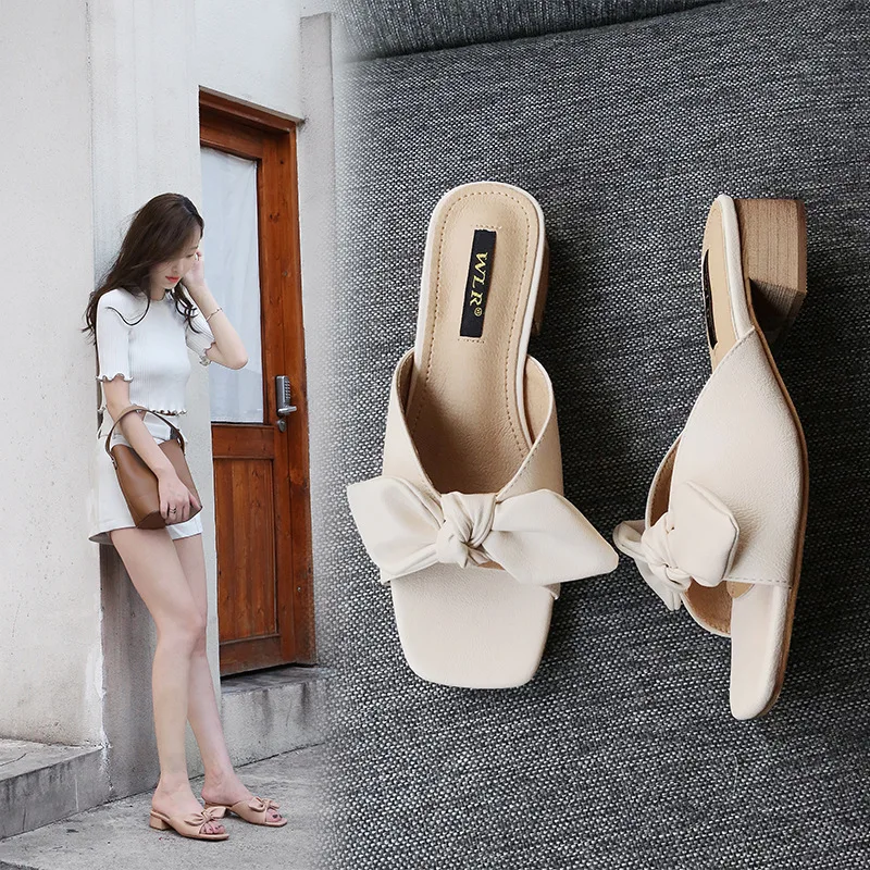 

Butterfly-Knot Flipflops Women Leather Sandals Low Thick Heels Wedges Bow Sandals Woman Beach Slippers Ladies Slides Sandalias