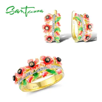

Santuzza Jewelry Set HANDMADE Enamel Orange Flower Yellow CZ Stones Ring Earrings 925 Sterling Silver Women Fashion Jewelry Set