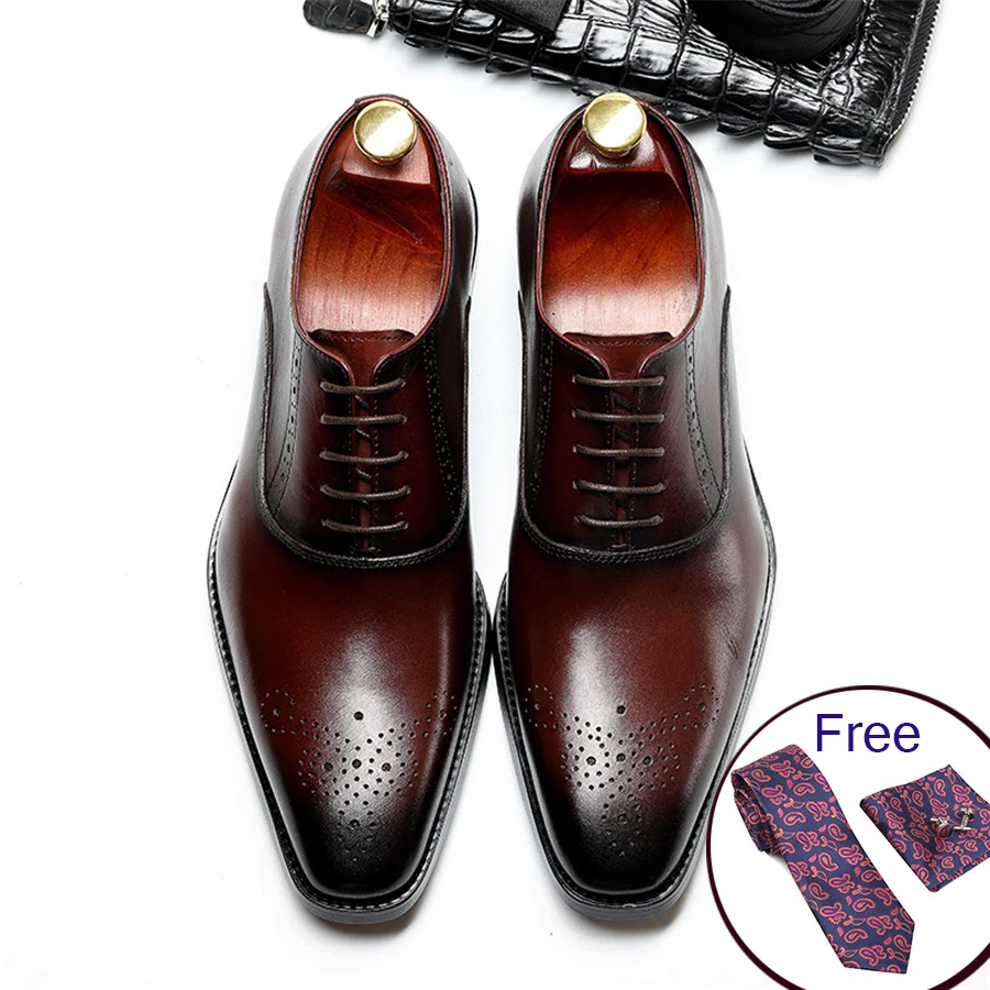 Men Genuine cow leather brogue wedding Business mens casual flats shoes 2020 black burgundy vintage oxford shoes for men's shoe