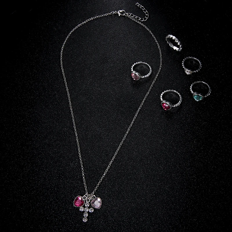 Романтические женские кольца, набор, гравировка, в форме сердца, подвеска-крестик со стразами, серебряное кольцо для девушек, свадебные украшения, аксессуары