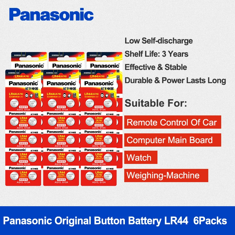Щелочные кнопочные батареи Panasonic 60 шт./лот LR44 1 5 в литиевые монетные A76 AG13 G13A LR1154 357A