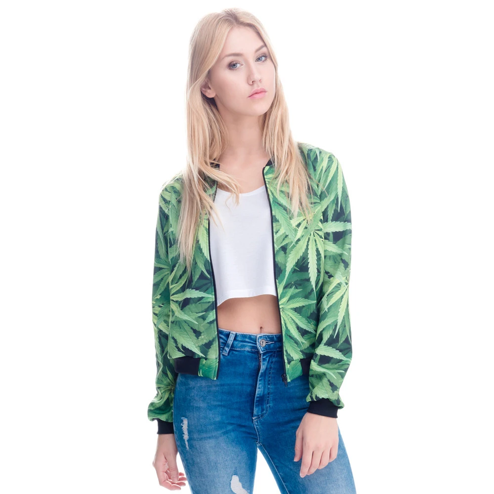 

Women Bomber Jacket 3D Printed Weeds Outwear Long Sleeve Short Jacket Coats Casual Basic Jackets
