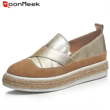 Moonmeek/Лидер продаж Женская обувь из натуральной кожи Литер одноцветное Лоферы контракт моды с круглым носком обувь на плоской платформе