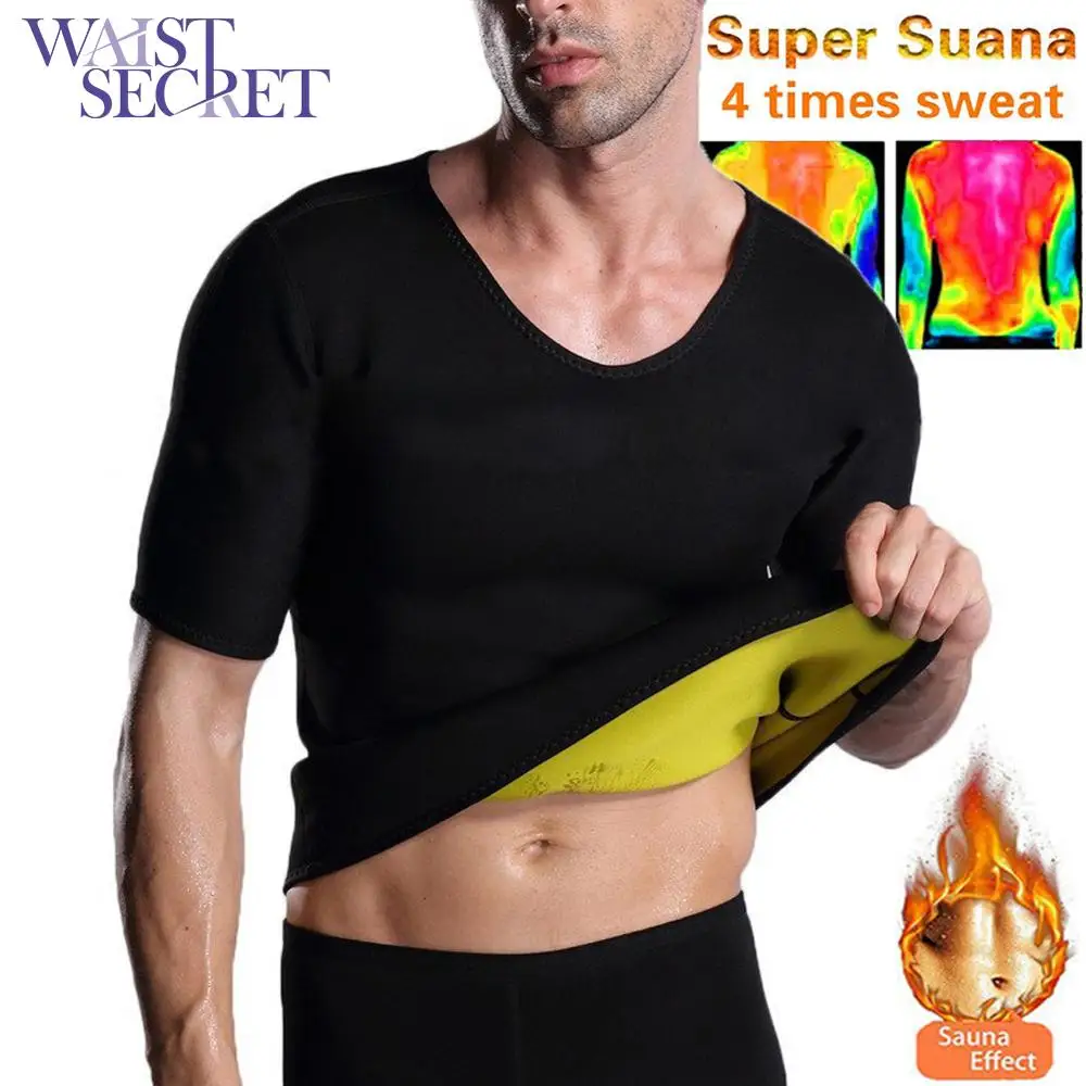 

WAIST SECRET Exquisite Black Mens Sweat Shapers Neoprene Shaper Tank Short Sleeve Plus Size Comfortable Fabric