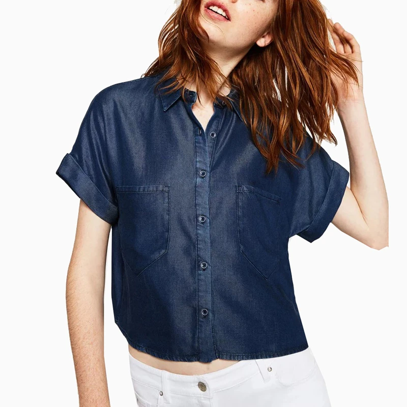 2017 mujer denim corto Camisas verano moda estilo europeo Down collar dos bolsillos Blusas Tops blusas|blouse sheer|blouse satinblouse wearing - AliExpress