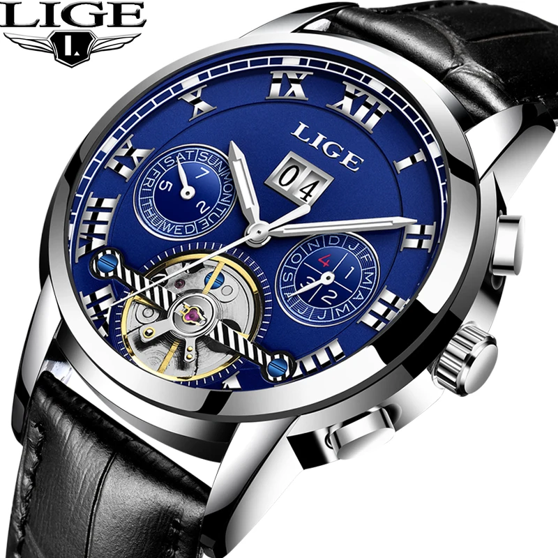Lige watchbrand Для мужчин часы автоматические механические Наручные кожаный ремешок