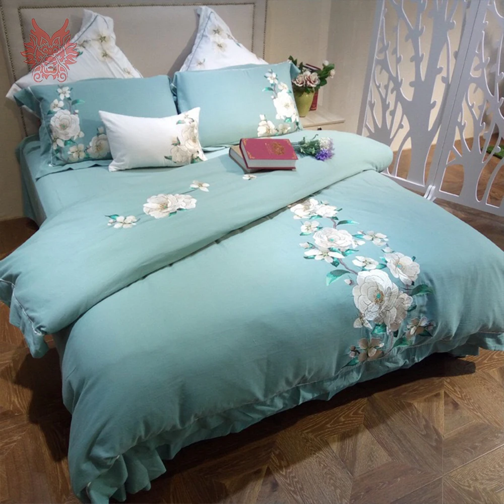 American style floral embroidery linen cotton brushed bedding set duvet cover set bed sheet