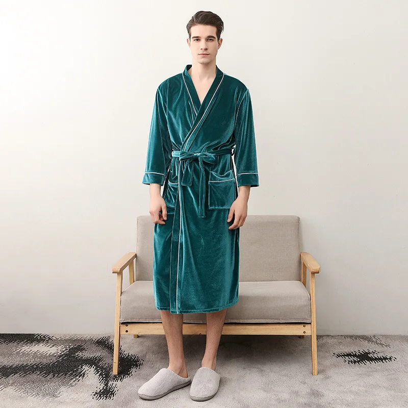 Gold Velvet Mens Robes Long 2018 Autumn Bathrobe Mens Solid Color Sleep ...