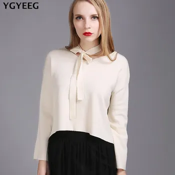 

YGYEEG Winter Autumn Pullovers Bow Sweater Women Tops O-Neck Knitted Shirts Slim Flare Sleeve Casual Black Red Warm Sweaters