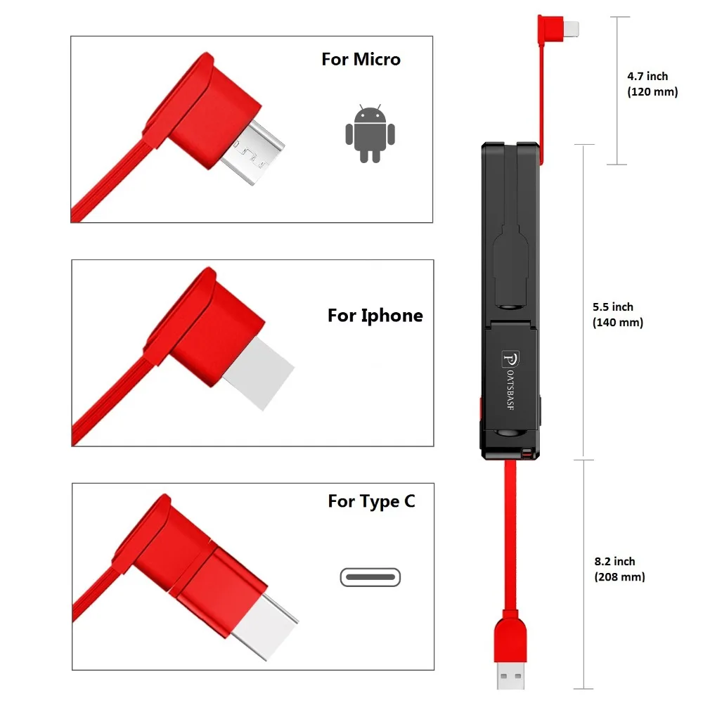 Oatsbasf original 3 en 1 mi cro USB cable USB de tipo C cable de 8 Pin para iPhone 7 6X8 oculta la línea de datos USB para Xiao mi A1 6 8 Huawei