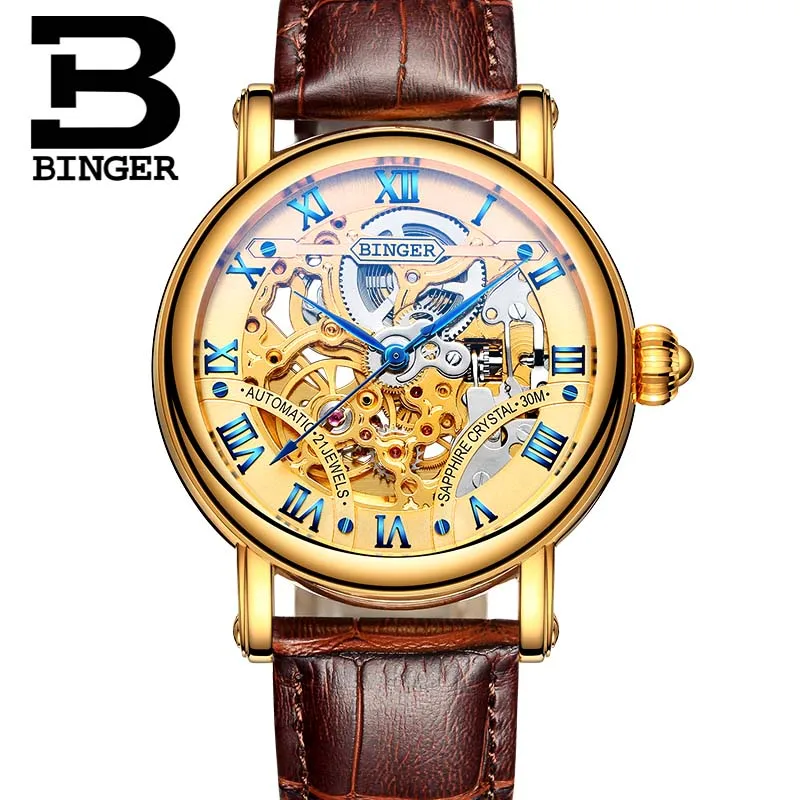 BINGER Luxury Gold Automatic Watches Skeleton Fashion Business Watch Men Mechanical Wristwatch Full Steel relogio masculino